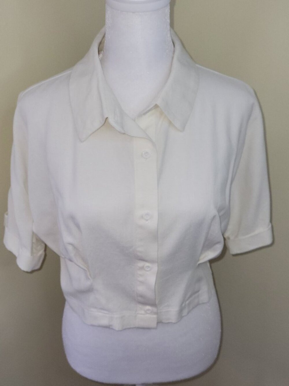 Forever 21 Button Front Crop Top Ivory Short Sleeve Pleated Women's Size M - Picture 2 of 13